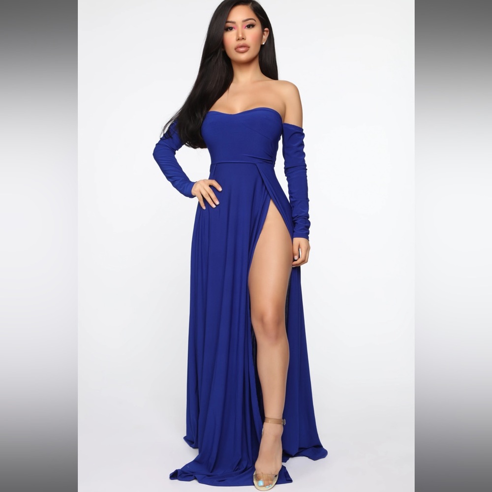 Royal blue double high slit off the shoulder long sleeve maxi dress